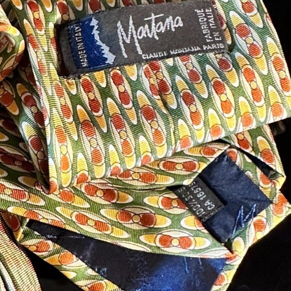 Claude Montana Silk Tie Retro Mid Century Modern Orange Olive Green Bowling Pin - Picture 2 of 6